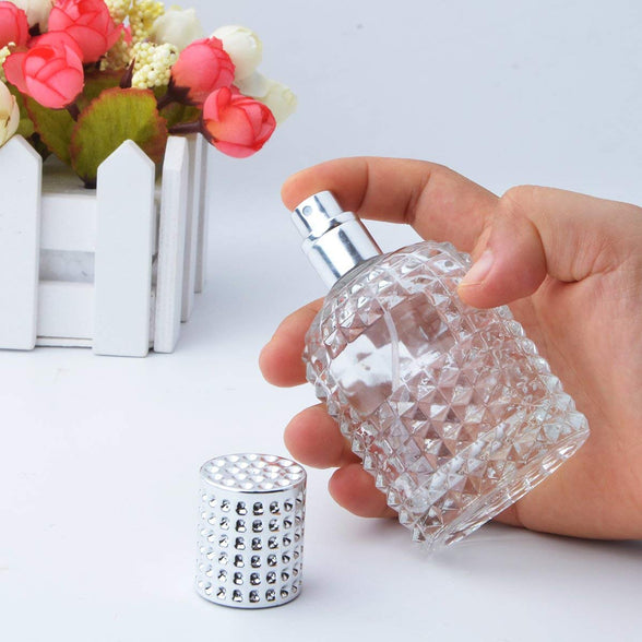 2 Pack 30ml 50ml Clear Empty Glass Spray Bottles，Refillable Empty Atomizer Perfume Bottles，Atomizer Spray Bottle With 4 Free kinds of perfume dispenser (50ml Silver cap and 30ml Silver cap) (Silver)