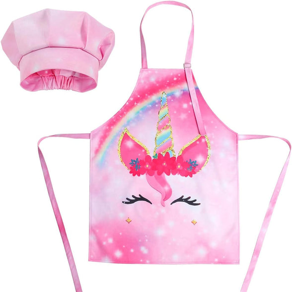 Mumoobear 1 Set Unicorn Apron And Chef Hat AdjUStable Chef Apron And Hats For Kids For Boys Girl's Kitchen Cooking Baking Painting Wear( Pink)