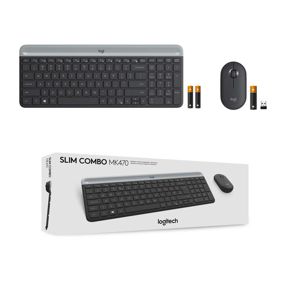 Logitech Mk470 Slim Wireless Keyboard & Mouse Combo For Windows, 2.4Ghz Unifying Usb-Receiver, Low Profile, Whisper-Quiet, Long Battery Life, Optical Mouse, Pc/Laptop, Arabic Layout - Graphite