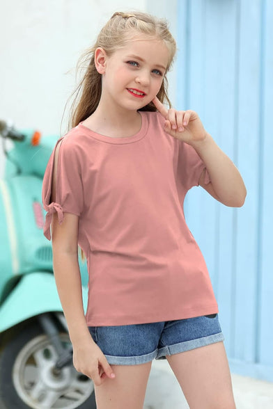 GORLYA Girl's Cut Slit Sleeve Tie knot Cuff Stripe Tunic T-shirt Casual Pullover Top for 4-14T Kids