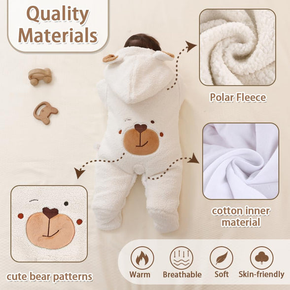 XIFAMNIY Newborn Fleece Footie Jumpsuit Hooded Warm Thicken Winter Outwear Snowsuit for Baby Girls and Boys (0-3 Months)