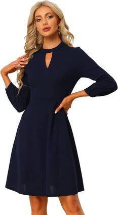 Allegra K Women's Mock Neck Keyhole 3/4 Sleeve A-line Knit Office Cocktail Dress