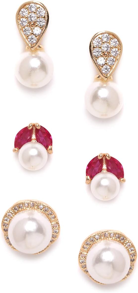 ZAVERI PEARLS Women's Base Metal Cubic Zirconia Diamonds & Pearls Gold, Pink Contemporary Stud Earrings For Women-Zpfk9745, Combo Of 3,
