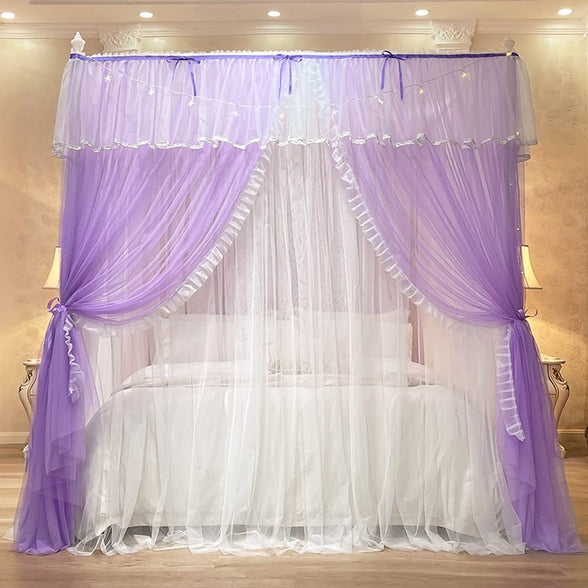 Mengersi Canopy Bed Curtains with Lights,4 Corner Bed Canopy Royal Luxurious Bed Drapes Netting,Princess Bed Curtains for Girls Adults Bedroom Decoration (Purple, Queen)