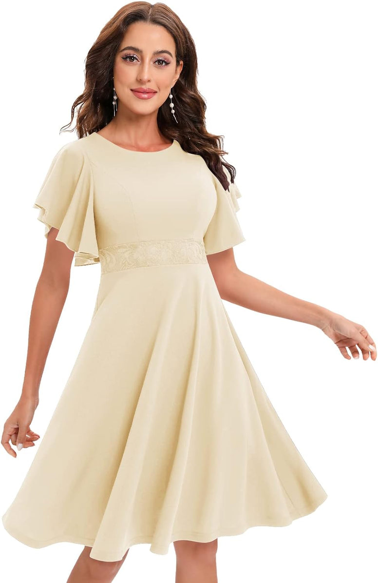 Ruffle Sleeve Cocktail Dress Midi Dress with Lace Flare Wedding Guest Dresses for Women Aline Swing Bridesmaid Dresses