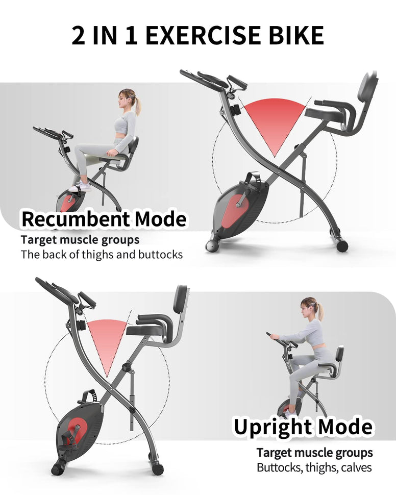 PROIRON Folding Exercise Bike, Upright and Recumbent Foldable Stationary Bike with Pulse Sensor, 8 Level Adjustable Magnetic Resistance, Fitness Bike with Resistance Bands for Home Workout Men Women