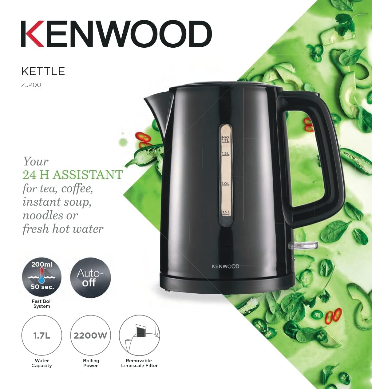 KENWOOD Kettle 1.7L Cordless Electric Kettle 2200W with Auto Shut-Off & Removable Mesh Filter ZJP00.000BK Black