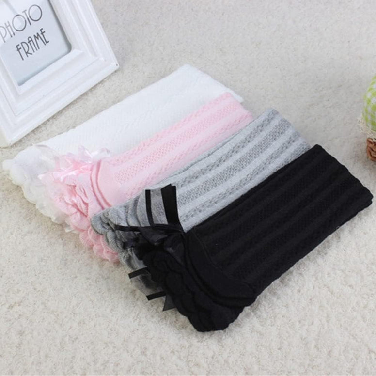 Girls Stockings, 4 Pairs Girl's Knee High Socks Over Calf Kids Overknee Stockings Bow Style,Lace Stocking Knit Knee High Cotton Socks for 2-12 Years