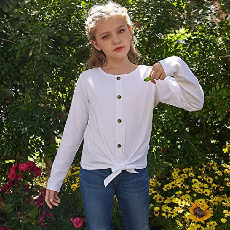 Hopeac Girls Long Sleeve Shirts Tie Front Knot Button Plain Cotton Casual Cute Tunic Tee Tops Blouse Undershirt