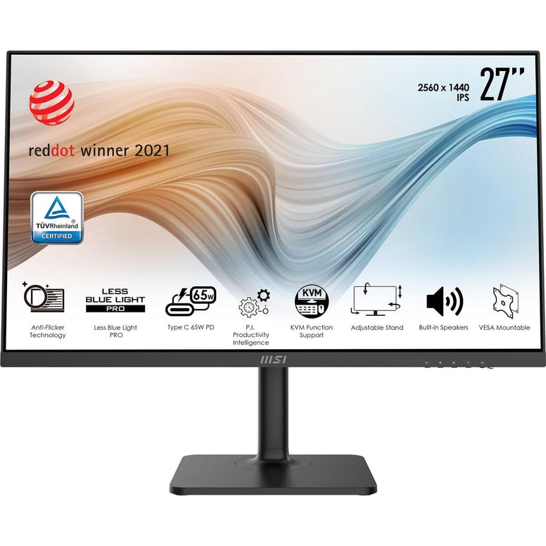 MSI Modern MD272QP, 27", 2560 x 1440 (QHD), IPS, 75Hz, TUV Certified Eyesight Protection, 5ms, HDMI, Displayport, USB C, Tilt, Swivel, Height Adjustable, Pivot,Black