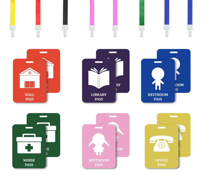 Fun-Plus 12 Pack Hall Pass Lanyards Unbreakable Plastic School Passes Set for Teachers and Classroom Supplies Including Hall Passes of Nurse, Restroom, Library, Office, School Supplies