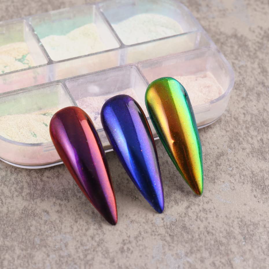 6 Colors Chrome Nail Powder Metallic Mirror Effect Aurora Magic White Pearl Chrome Nails Powder for Nail Art Gel Polish, Mica Powder Iridescent Nail Powder Manicure Pigment