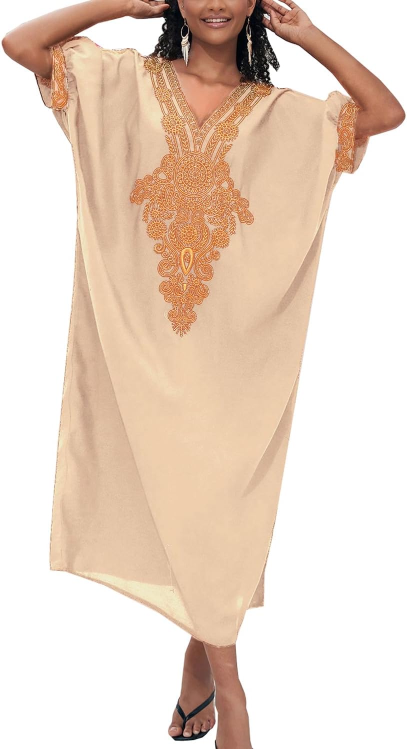 YouKD Embroidered Kaftan Dress Boho Beach Bikini Cover Up Robe Plus Size Loungewear for Women