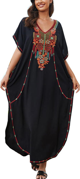 YouKD Embroidered Kaftan Dress Boho Beach Bikini Cover Up Robe Plus Size Loungewear for Women