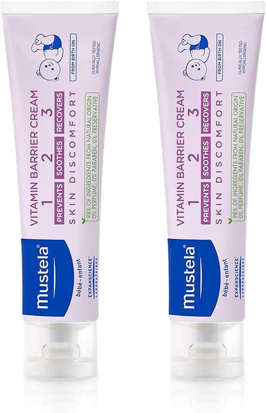 Mustela Baby Diaper Rash Vitamin Barrier Cream 123 - Skin Protectant with Zinc Oxide - Fragrance Free & Paraben Free - with 98% Natural Ingredients - Pack of 2