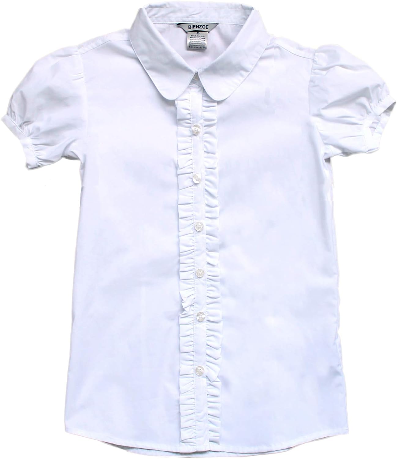 Bienzoe Girls School Uniform Shirt: Kids Summer Ruffle Button Down Short Sleeve Cotton Oxford Blouse