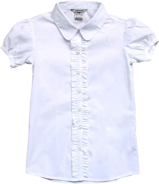 Bienzoe Girls School Uniform Shirt: Kids Summer Ruffle Button Down Short Sleeve Cotton Oxford Blouse