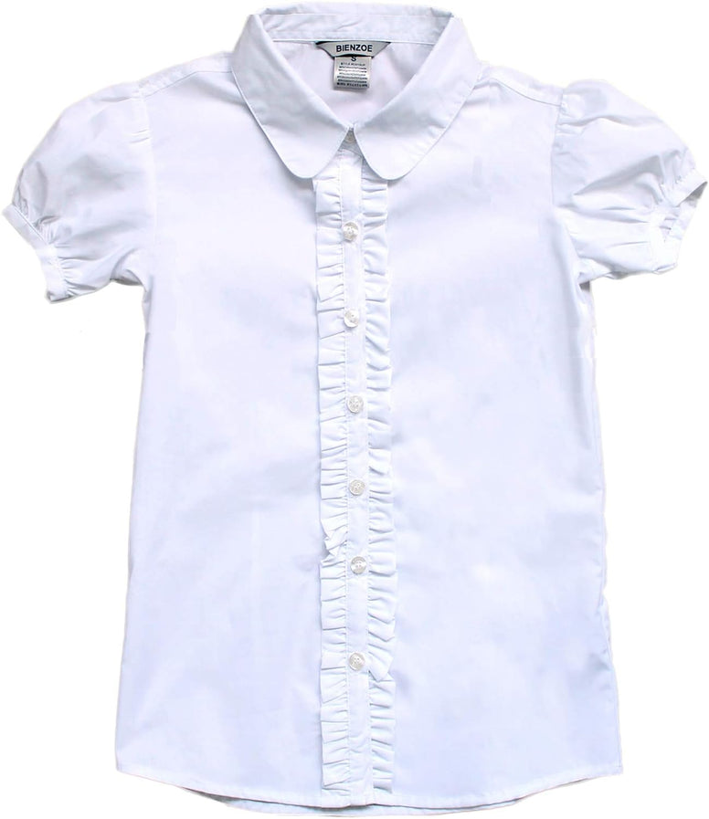 Bienzoe Girls School Uniform Shirt: Kids Summer Ruffle Button Down Short Sleeve Cotton Oxford Blouse