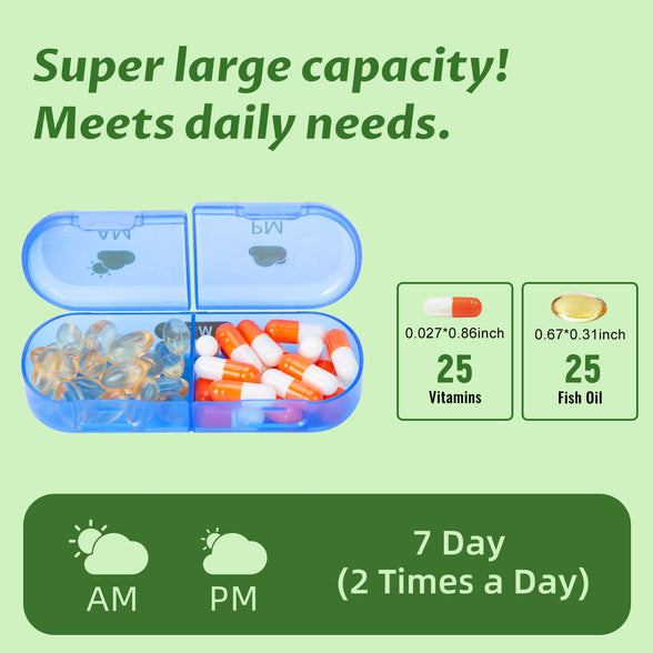 YUSHAN Travel Pill Organizer 2 Times a Day Weekly, Pill Box Contains 7 Cute Medicine Organizer, Premium Material & BPA-Free Pill Case to Storage Vitamins/Fish Oil/Supplements.