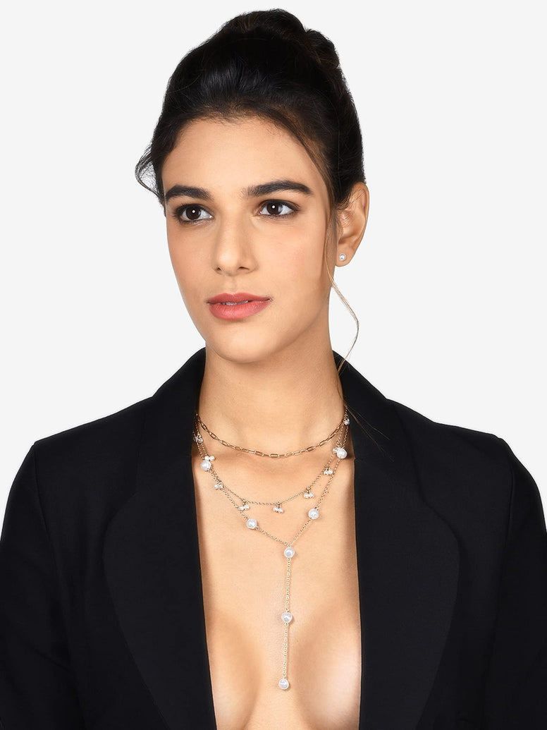 Zaveri Pearls Gold Tone Contemporary 3 Layers Lariat Necklace Chain With Earring-ZPFK10606