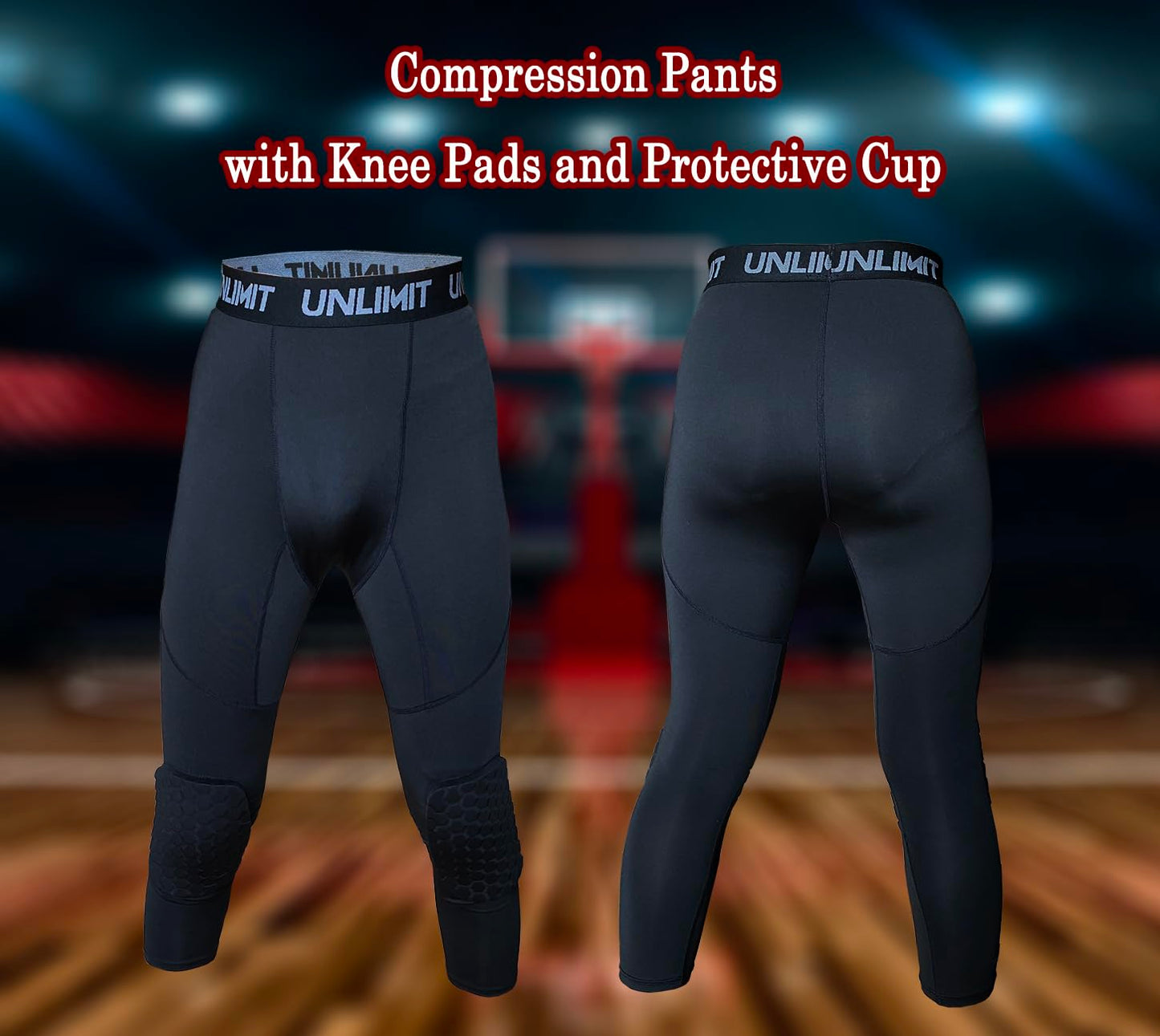 Compression Pants with Knee Pads and Protective Cup for Mens in Baseball Football Lacrosse MMA Basketball and Hockey, Black.