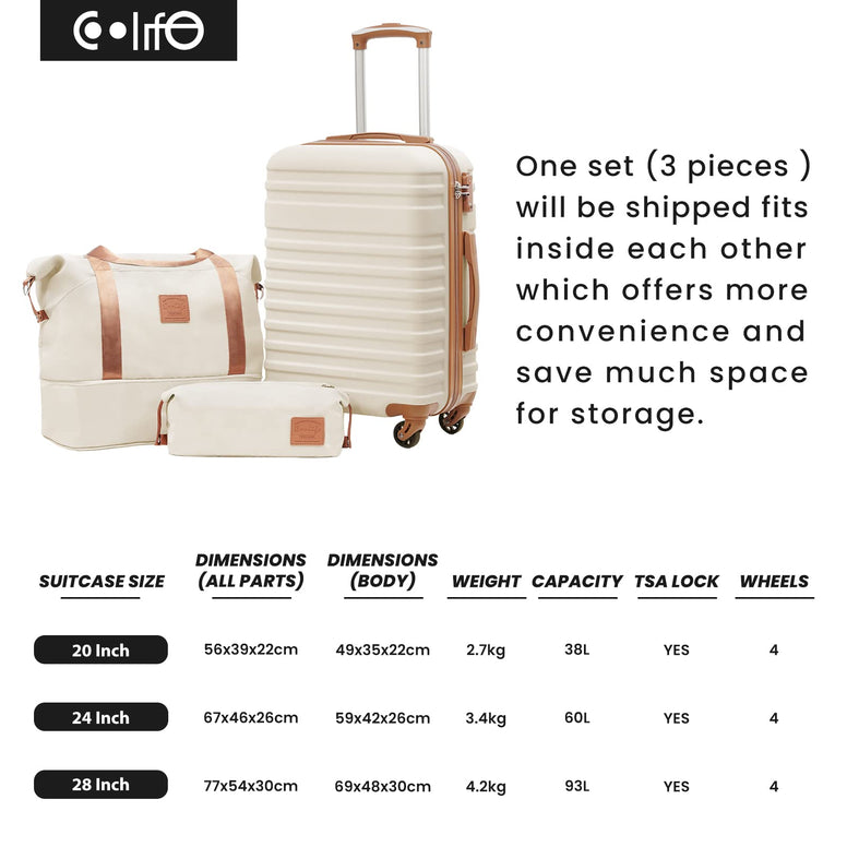 COOLIFE Suitcase Trolley Carry On Hand Cabin Luggage Hard Shell Travel Bag Lightweight with TSA Lock,The Suitcase Included 1pcs Travel Bag and 1pcs Toiletry Bag (White/Brown, 24 Inch Luggage Set)