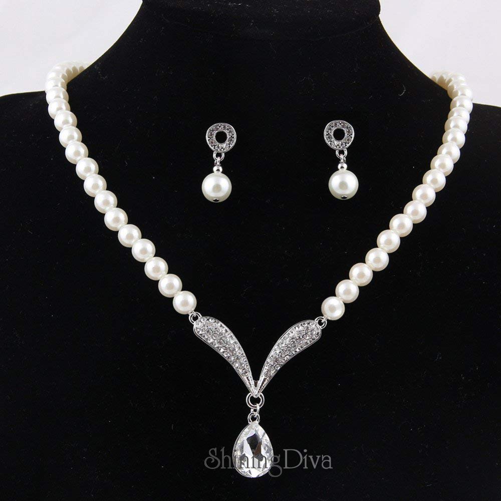 Shining Diva Fashion Crystal Party Wear Pearl Necklace Set For Women / Jewellery Set with Earrings for Women & Girls(White)(rrsd8494s)