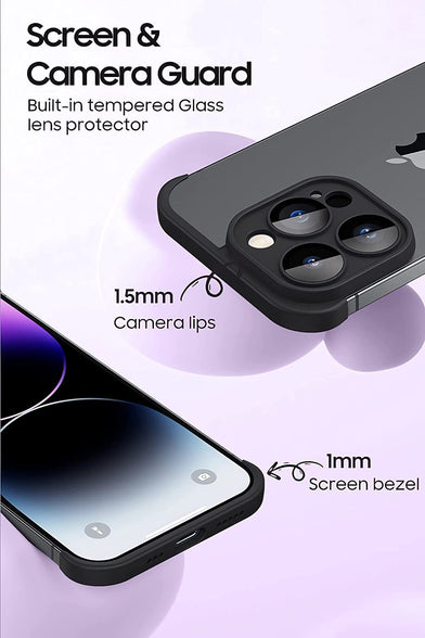 VEE Black Frameless Case for IPhone 15 Pro, 14 Pro, Iphone 13 Pro, with Camera Lens Protector - Slim Soft TPU Shockproof Phone Cover - Minimalist Yet Protective Bumper Shell, IPhone Pro case