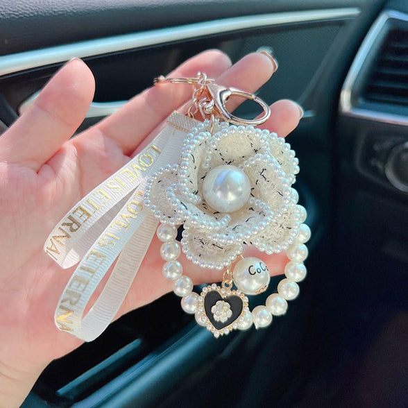 Goodern Camellia Pearl Pendant Keychain,Fashion Flower Keychain with Love Pendant Creative Camellia Ribbon Pearl Keychain Crafts Key Pendant Car Handbag Key Ring Decorations for Women Girl-White