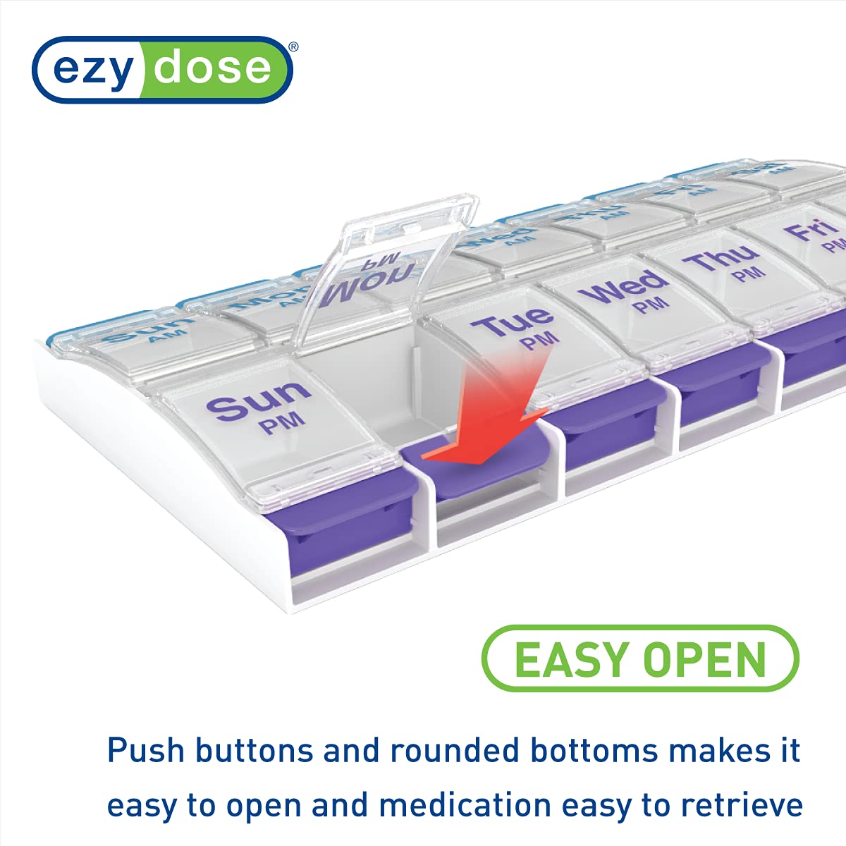 EZY DOSE Push Button (7-Day) Pill, Medicine, Vitamin Organizer | Weekly, 2 Times a Day, AM/PM | Large Compartments | Arthritis Friendly | Clear Lids