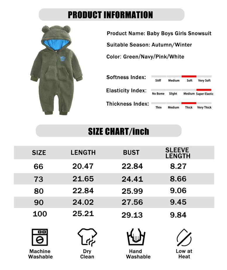 Newborn Baby Snowsuit Fleece Warm Bear Ear Hooded Romper Jumpsuit Winter Coat for Baby Girls Boys (6-9 Months)