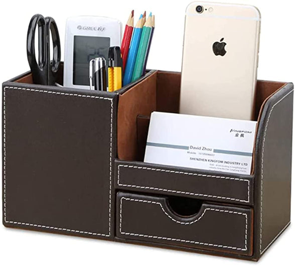 ELECDON Leather Desk Organizer Pen Pencil Holder, Stationery Storage Box, Multi-Function Office Desk Organizer, with Small Drawer for Pen, Phone, Pencil, Remote Control (Brown)