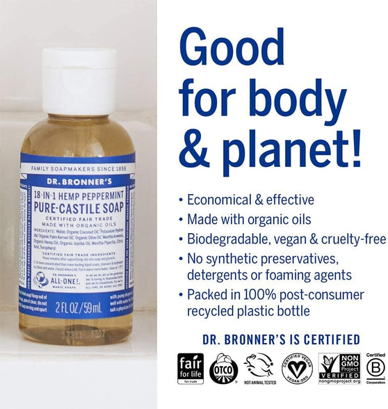 Dr. Bronner’s - Pure-Castile Liquid Soap (Peppermint, Travel Size, 2 ounce) - Made with Organic Oils, 18-in-1 Uses: Face, Body, Hair, Laundry, Pets and Dishes, Concentrated, Vegan, Non-GMO