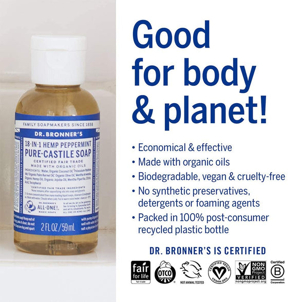 Dr. Bronner’s - Pure-Castile Liquid Soap (Peppermint, Travel Size, 2 ounce) - Made with Organic Oils, 18-in-1 Uses: Face, Body, Hair, Laundry, Pets and Dishes, Concentrated, Vegan, Non-GMO