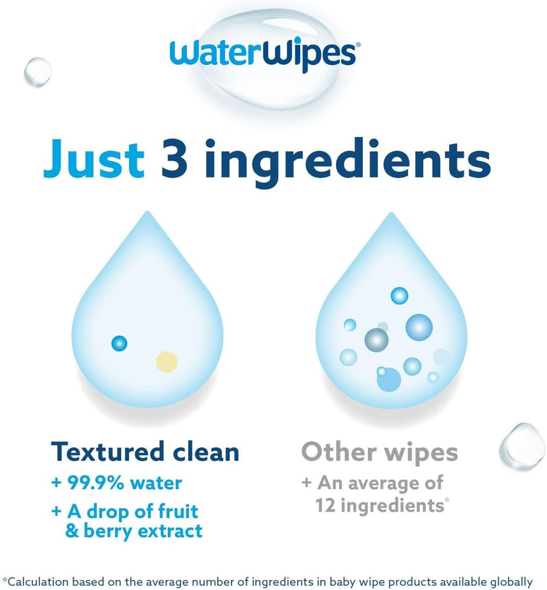 WaterWipes Plastic-Free Textured Clean, Toddler & Baby Wipes, 99.9% Water Based Wipes, Unscented & Hypoallergenic For Sensitive Skin, 540 Count (9 Packs), Packaging May Vary