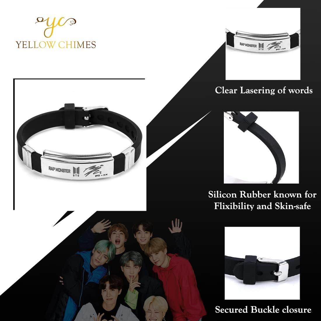 Yellow Chimes Kpop BTS Band Exquisite Signature Rap Monster Silicon Unisex by Yellow Chimes Silver Plated Charm Bracelet for Men (Silver Black) (YCFJBR-01RAPM-SLBK)