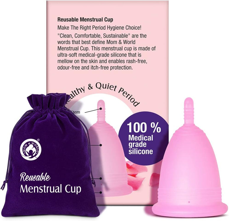 Mom & World Reusable Menstrual Cup For Women, 100% Medical Grade Silicone, Odor and Rash Free, No leakage (Large)