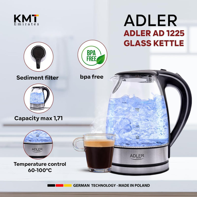 Adlereurope Germany technology ADLER Glass Kettle 2200W 1.7 L BPA Free Blue LED Indicator - safety empty shut off - nano technology fillter 1 year warranty