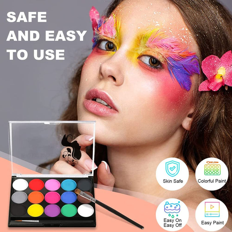 AMERTEER Kids Face Paint Kit | Professional Quality Body Painting Set | Face & Body Paints 15 Colors Kit with 2 Brushes | Waterproof Facial Paint Cream for Halloween, Christmas, Cosplay Party Supplies