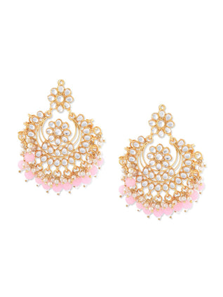 ZAVERI PEARLS Gold Tone Traditional Kundan & Pink Beads 22K Metal Gold Plated Chandbali Earring For Women-ZPFK8663