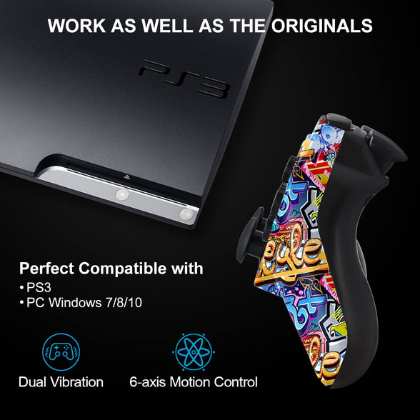 Yinjie PS3 Controller, Wireless PS3 Controller 2 Pack, Built in 800mAh Large Capacity Battery, with 2 USB Cables, Perfect Replacement for Sony Playstation 3 Controller, Graffiti Style