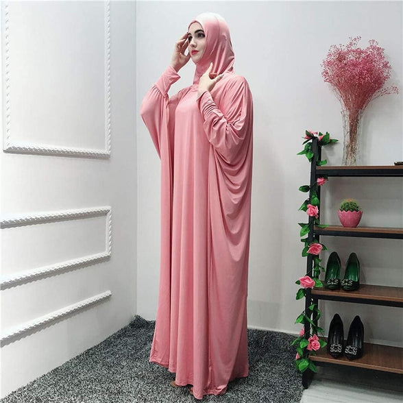 Women's Solid Muslim One-Piece Prayer Dress Muslim Abaya Dress Islamic Maxi Abaya Kaftan with Hijab Full Length Dress