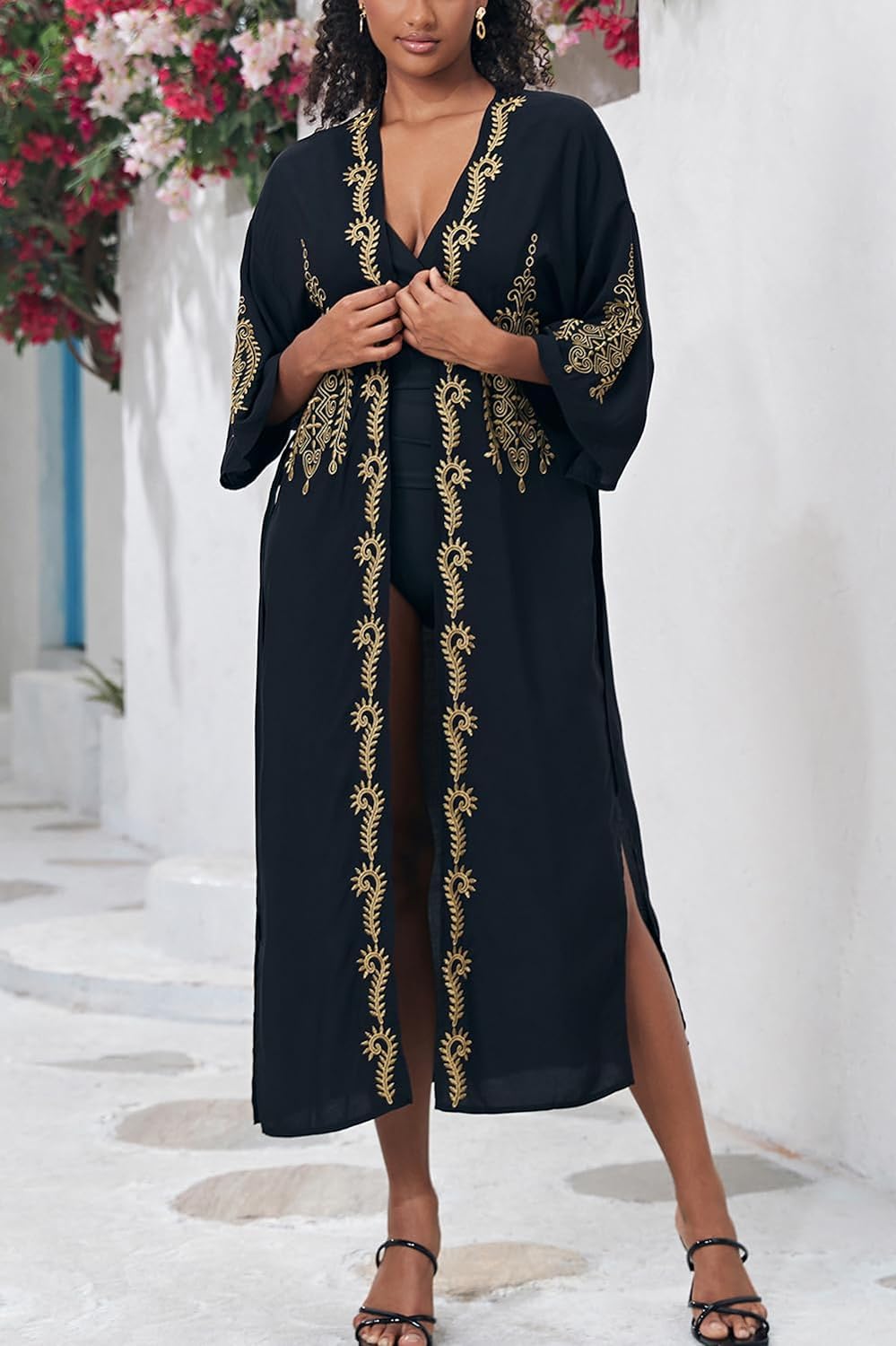 YouKD Embroidered Kaftan Dress Boho Beach Bikini Cover Up Robe Plus Size Loungewear for Women