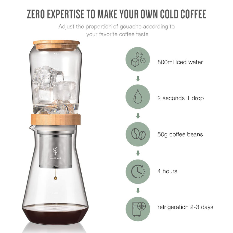 Soulhand Cold Brew Coffee Maker Cold Dripper Slow Drip Ice Coffee Brewer 6-8 cups /800ML with Adjustable Rate BPA Free Dripper,Stainless Steel Filter Loose Leaf Teapot Enjoy Low Acid Coffee