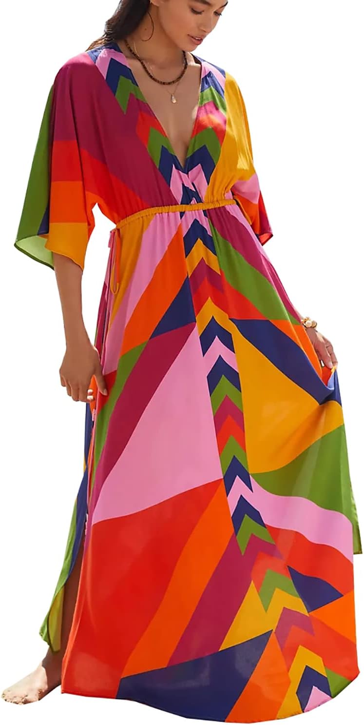 YouKD Maxi Dress V-Neck Kaftan Boho Robes Beach Cover-ups Dress Maxi Garment for Women