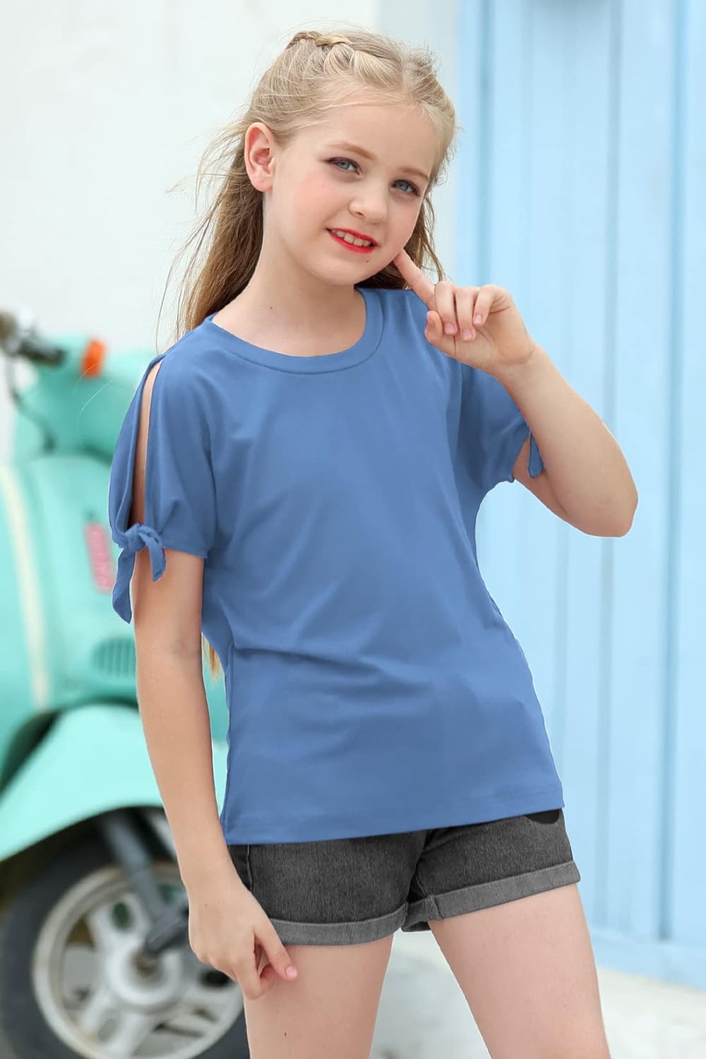 GORLYA Girl's Cut Slit Sleeve Tie knot Cuff Stripe Tunic T-shirt Casual Pullover Top for 4-14T Kids