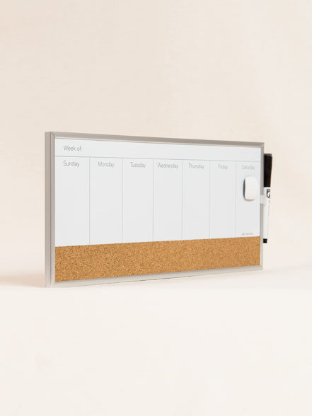 U Brands Magnetic Aluminum Frame Dry Erase/Cork Weekly Calendar, 18-Inch X 7.5-Inch Size, Silver