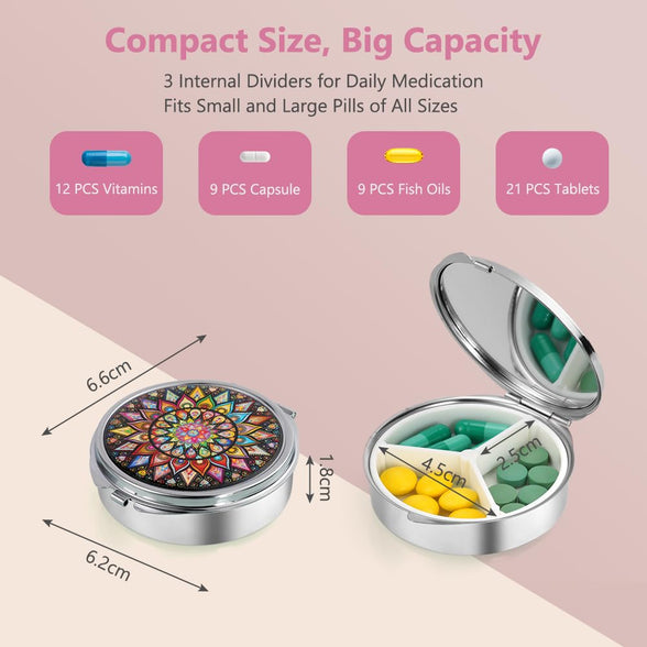 ACWOO Pill Box, Decorative Metal Pill Box with 3 Compartments, Portable Travel Pill Box, Daily Pocket, Weekly Pill Box, For Medicines and Vitamins