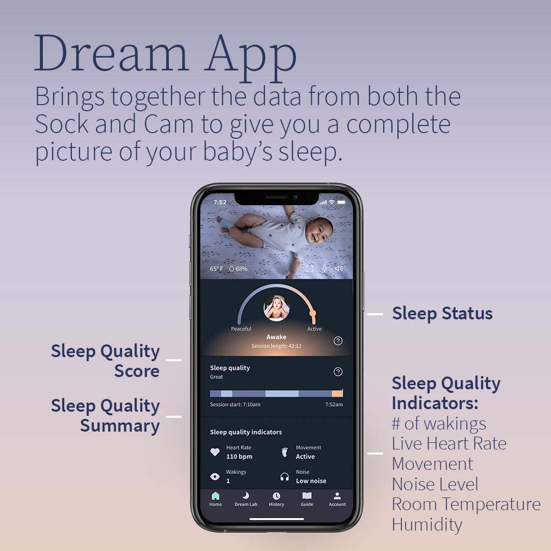 Owlet Dream Duo Smart Baby Monitor - Video Baby Monitor with HD Camera & Dream Sock: Only Baby Monitor to Track Heart Rate & Average Oxygen as Sleep Quality Indicators
