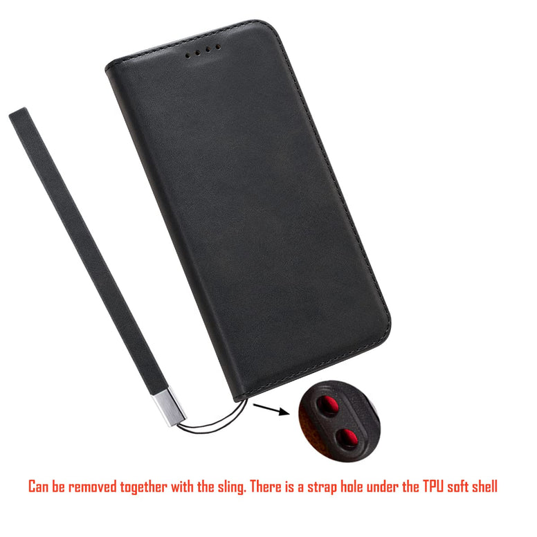 LANJLM iPhone 15 Pro Case PU Leather Wrist Strap Wallet Case Card Holder Shockproof Flip Cover - Black